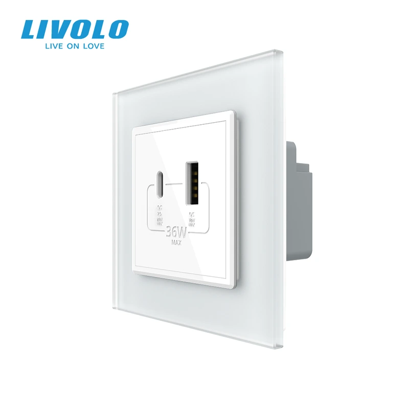 Розетка USB-A та USB-C з Power Delivery 36W LIVOLO біла матова скло — Livolo