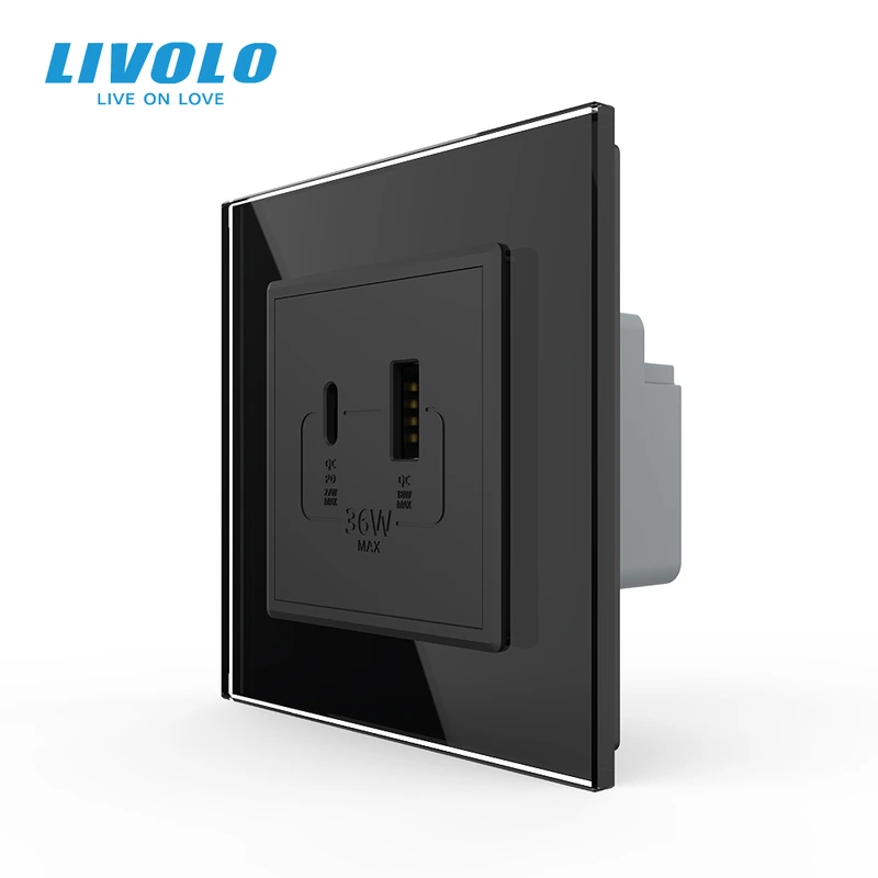 Розетка USB-A та USB-C з Power Delivery 36W LIVOLO чорна 2.5D скло