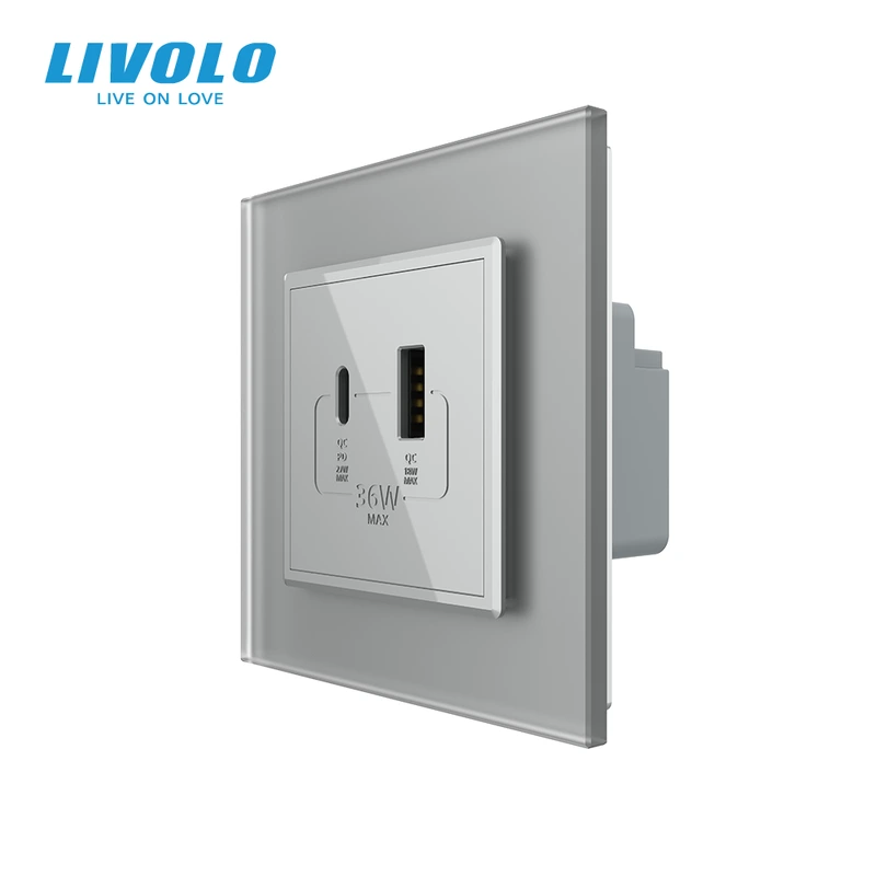 Розетка USB-A та USB-C з Power Delivery 36W LIVOLO сіра матова скло — Livolo