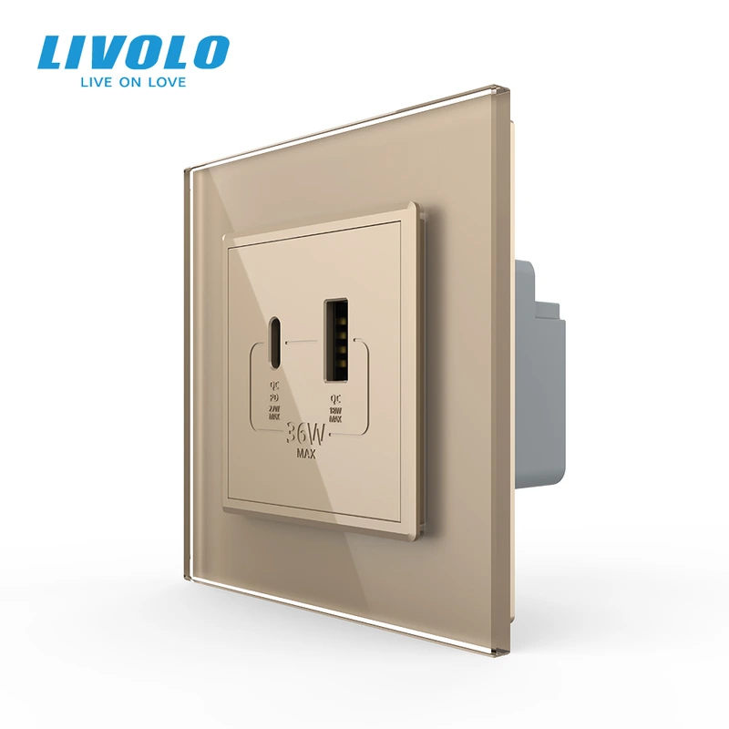 Розетка USB-A та USB-C з Power Delivery 36W LIVOLO золота 2.5D скло