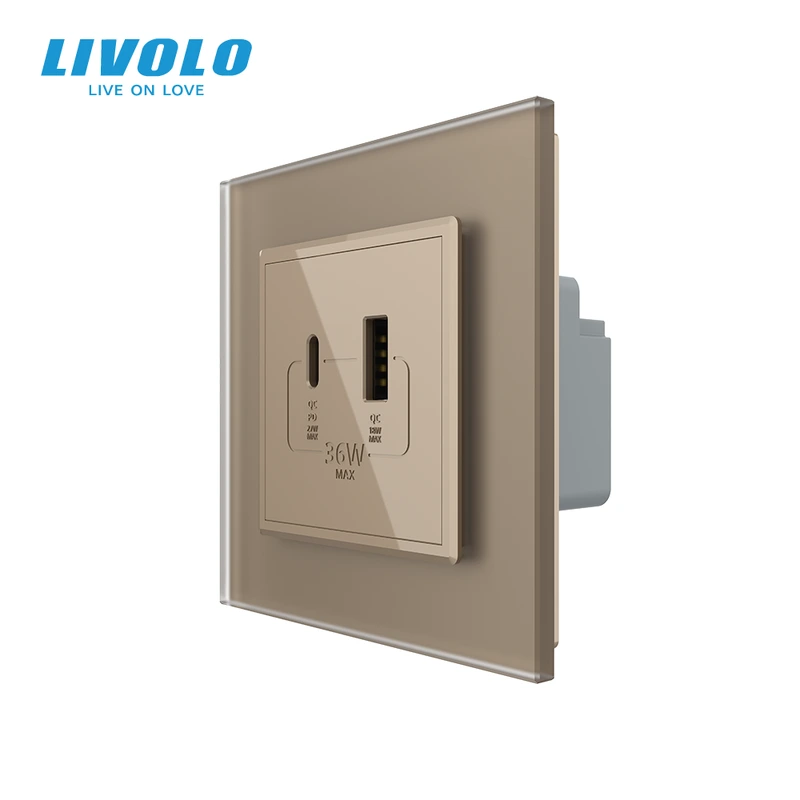 Розетка USB-A та USB-C з Power Delivery 36W LIVOLO золота матова скло