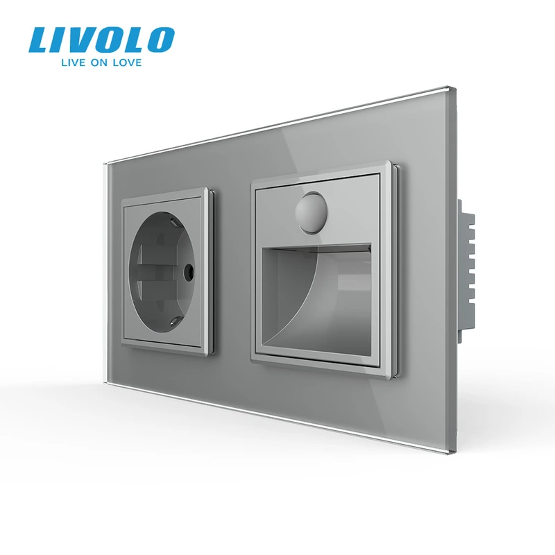 Розетка з світильником для сходів LIVOLO, з датчиком руху та освітлення, 2700K, 230В, 0.35Вт, сірий, скло