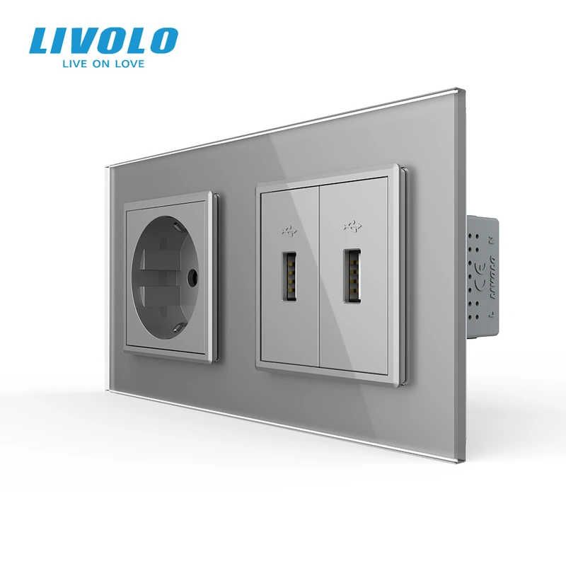 Розетка з заземленням з 2 USB розетками LIVOLO сіра 2.5D скло