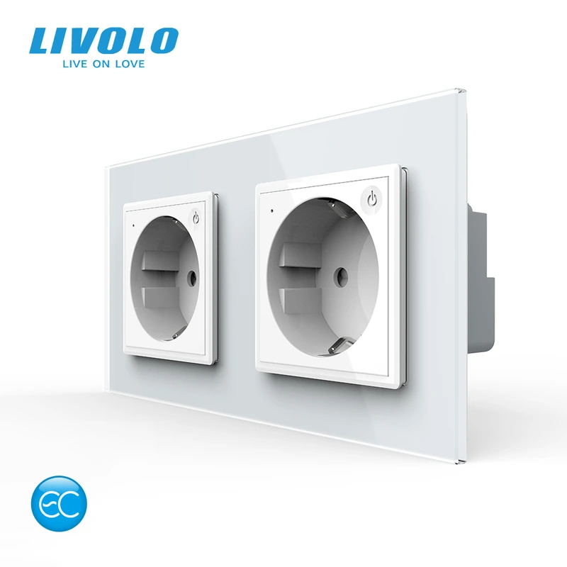 Розумна подвійна електрична розетка LIVOLO, заземлення, біла, настінна дизайнерська, скляна рамка, 250В 16А — Livolo