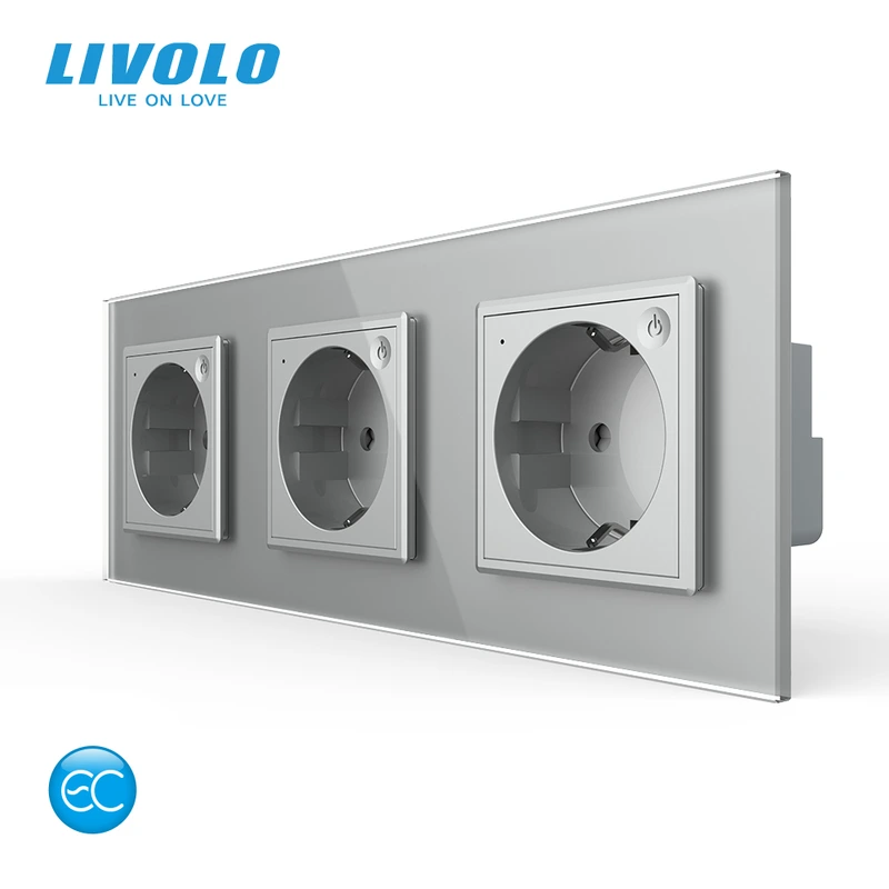 Розумна потрійна електрична розетка LIVOLO із заземленням, шторки, сіра, скляна рамка, 250В 16А — Livolo