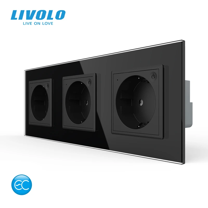 Розумна потрійна електрична розетка LIVOLO із заземленням, шторки, чорна, скляна рамка, 250В 16А — Livolo