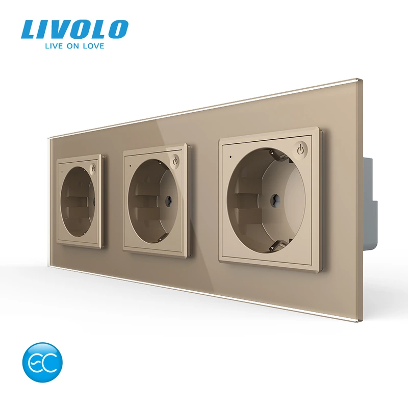 Розумна потрійна електрична розетка LIVOLO із заземленням, шторки, золота, скляна рамка, 250В 16А — Livolo