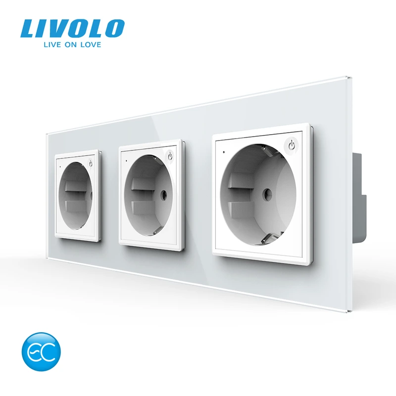 Розумна потрійна електрична розетка LIVOLO із заземленням, шторки, біла, скляна рамка, 250В 16А — Livolo