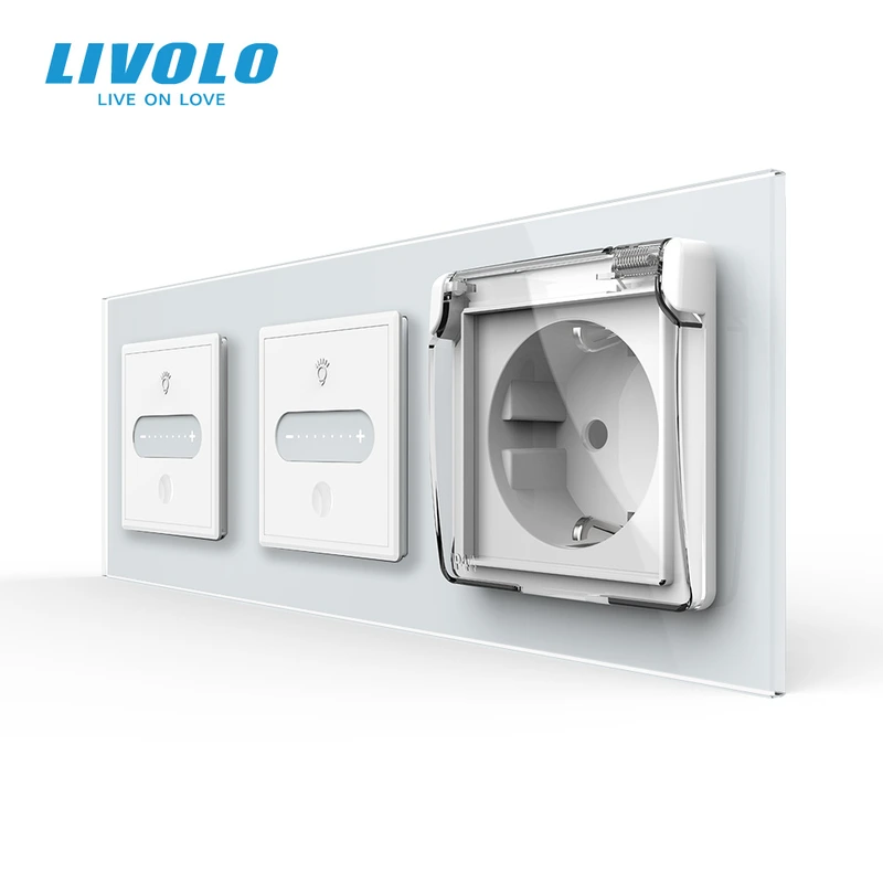 Розумний прохідний сенсорний димер LIVOLO 2 сенсори (1-1) з розеткою IP44, кришка, білий скло, заземлення