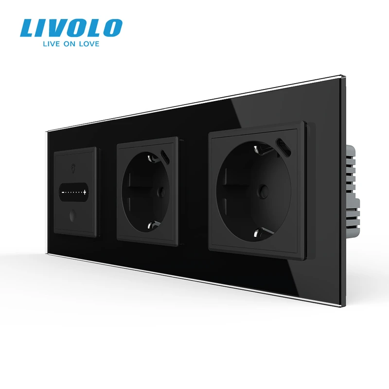 Розумний прохідний сенсорний димер LIVOLO з двома розетками з USB Type-C 18Вт, чорний, скло, заземлення