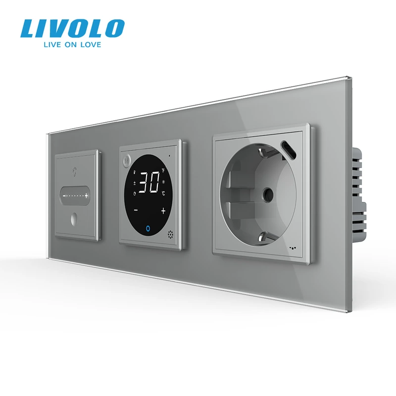 Розумний прохідний сенсорний димер LIVOLO з терморегулятором і розеткою з USB Type-C 18Вт, сірий, скло
