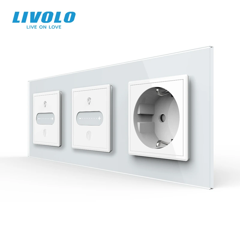 Розумний сенсорний димер LIVOLO 2 сенсори (1-1) з розеткою, білий скло, 16A 230V, заземлення, захисні шторки