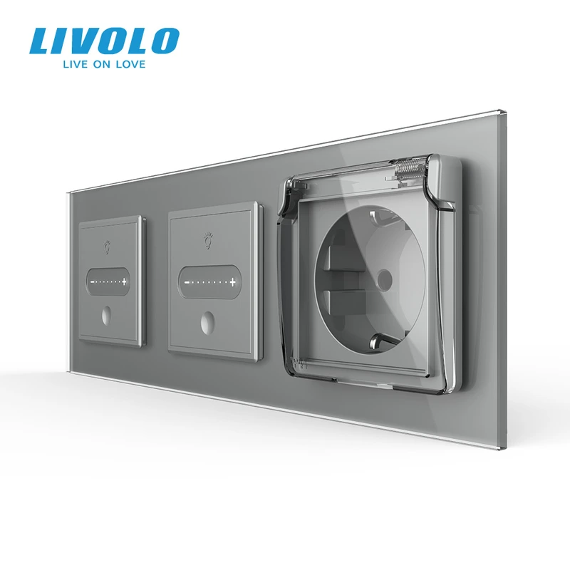 Розумний сенсорний димер LIVOLO 2 сенсори (1-1) з розеткою IP44, кришка, сірий матовый скло, 16A 230V, заземлення — Livolo