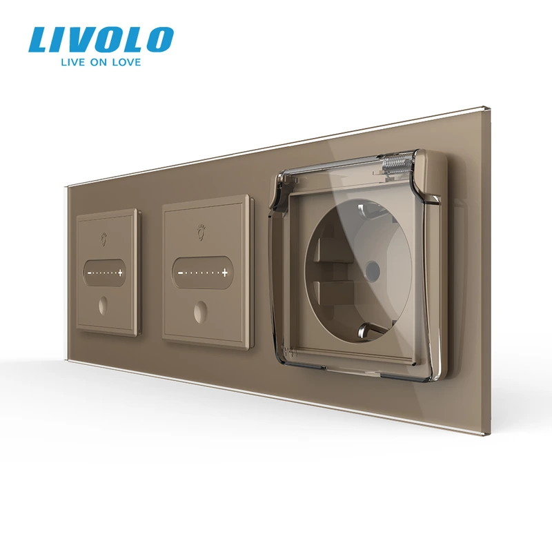 Розумний сенсорний димер LIVOLO 2 сенсори (1-1) з розеткою IP44, кришка, золото скло, 16A 230V, заземлення