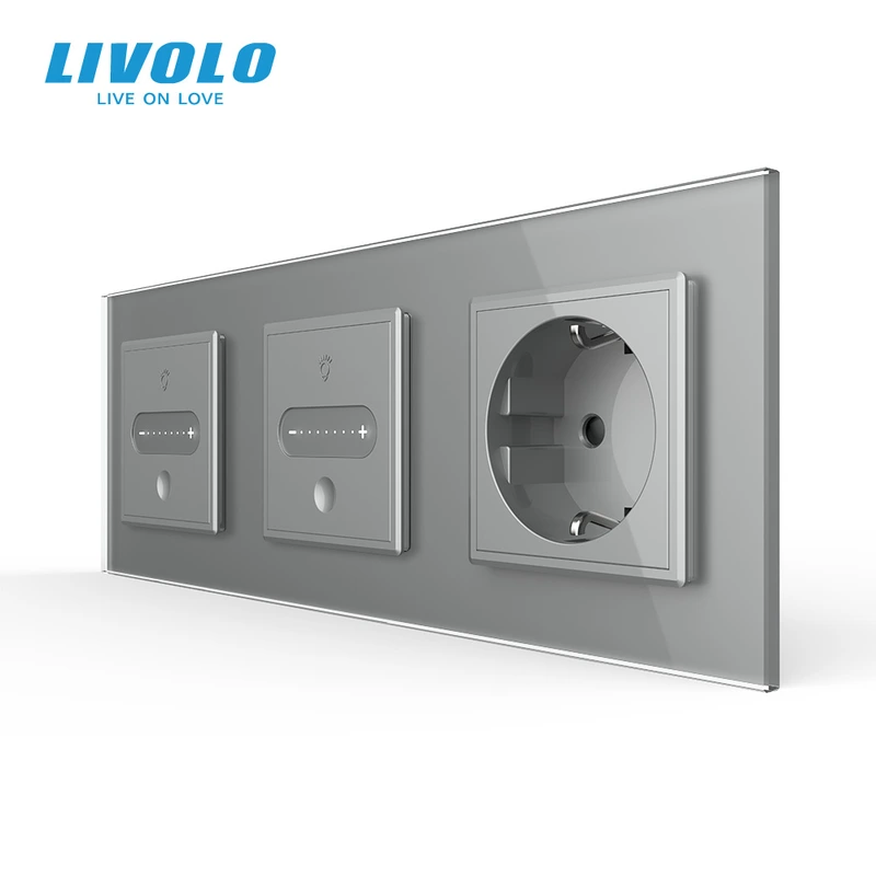 Розумний сенсорний димер LIVOLO 2 сенсори (1-1) з розеткою, сірий скло, 16A 230V, заземлення, захисні шторки