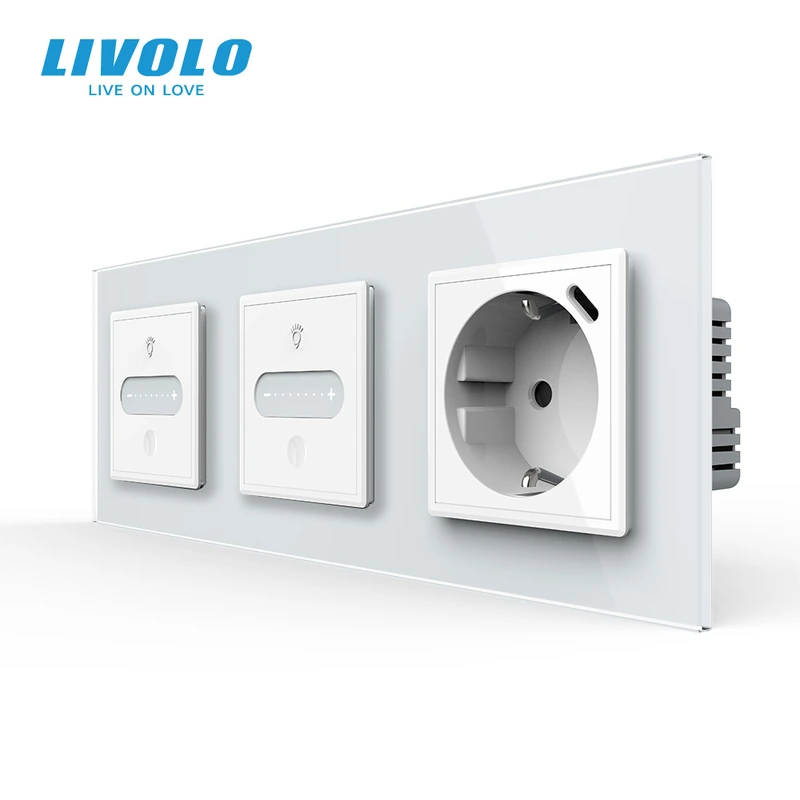 Розумний сенсорний димер LIVOLO 2 сенсори (1-1) з розеткою з USB Type-C 18Вт, білий скло, 16A 230V, заземлення