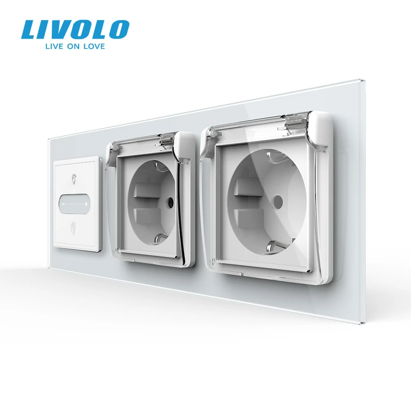 Розумний сенсорний димер LIVOLO з двома розетками IP44, білий, скло, 16A 230V, із заземленням, шторки