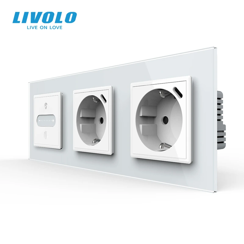 Розумний сенсорний димер LIVOLO з двома розетками з USB Type-C 18Вт, білий, скло, 16A 230V, заземлення, шторки