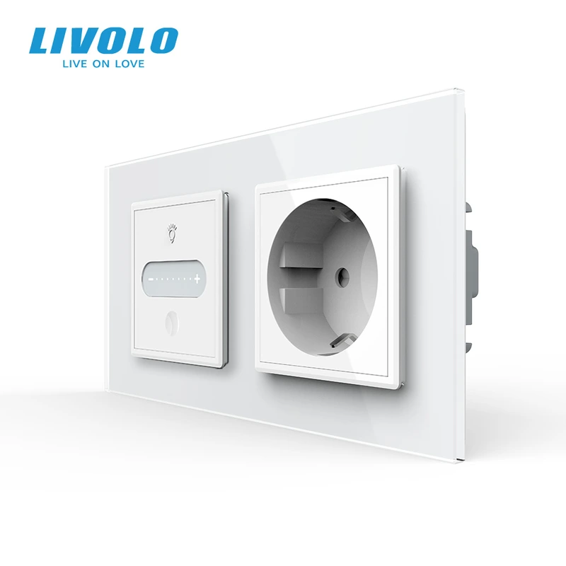 Розумний сенсорний димер з розеткою LIVOLO 16А 230В із заземленням, шторки, білий, скло — Livolo