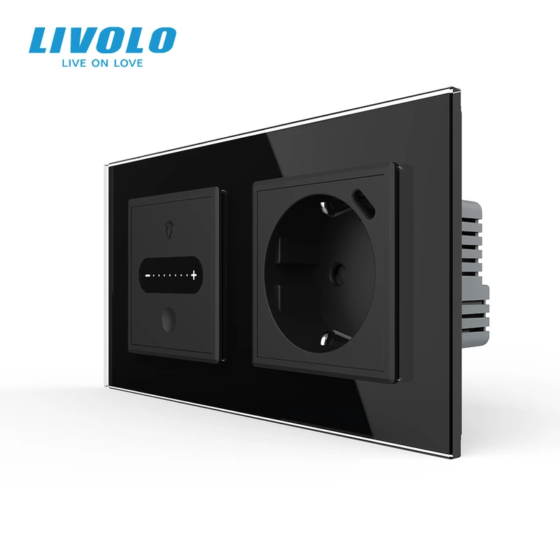 Розумний сенсорний димер з розеткою USB Type-C 18Вт LIVOLO 16А 230В, із заземленням, шторки, чорний, скло