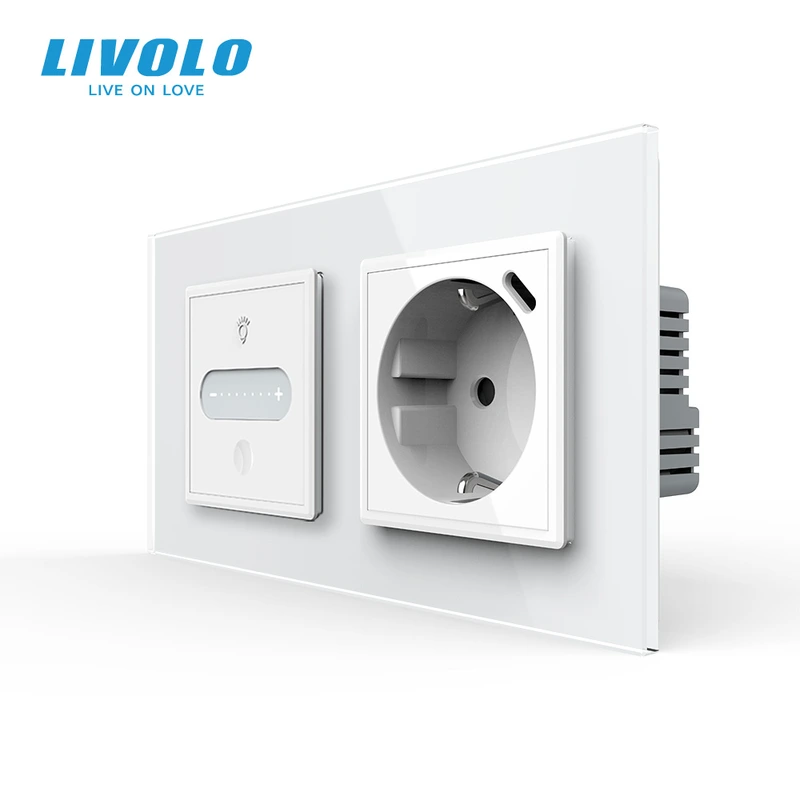 Розумний сенсорний димер з розеткою USB Type-C 18Вт LIVOLO 16А 230В, із заземленням, шторки, білий, скло