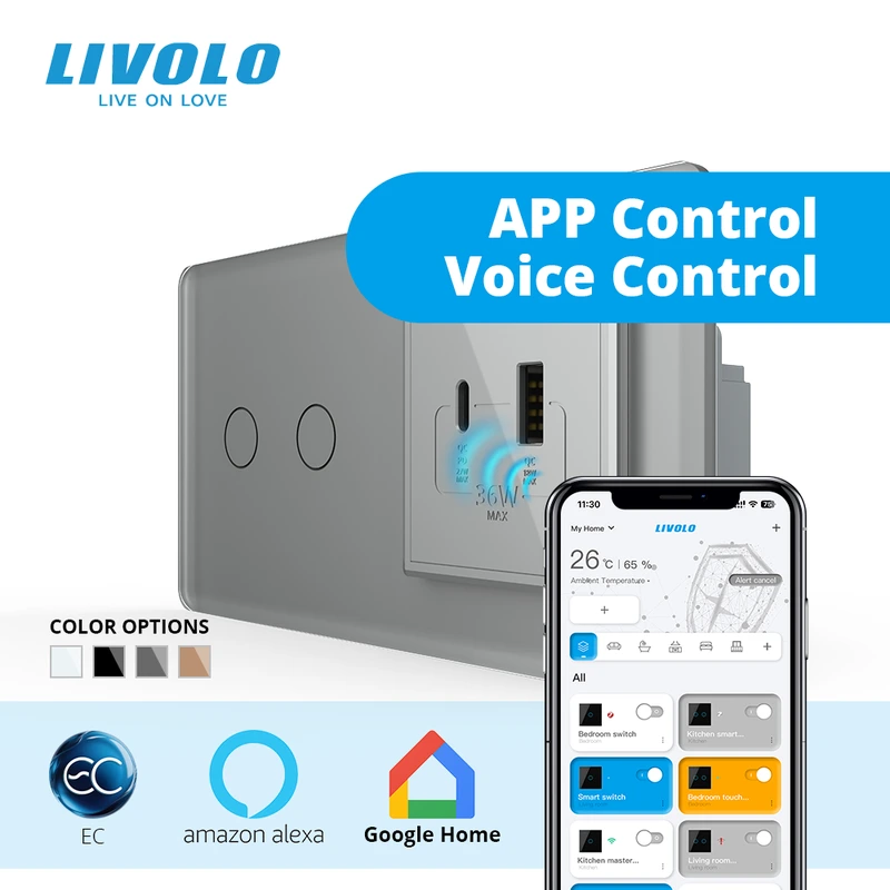 Розумний сенсорний (дотиковий) подвійний вимикач LIVOLO з розеткою USB-A + USB-C 36Вт сірий 2.5D скляна рамка