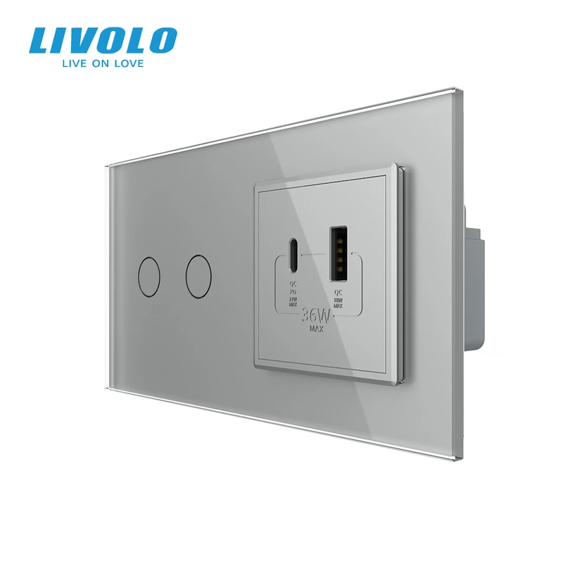 Розумний сенсорний (дотиковий) подвійний вимикач LIVOLO з розеткою USB-A + USB-C 36Вт сірий скляна рамка