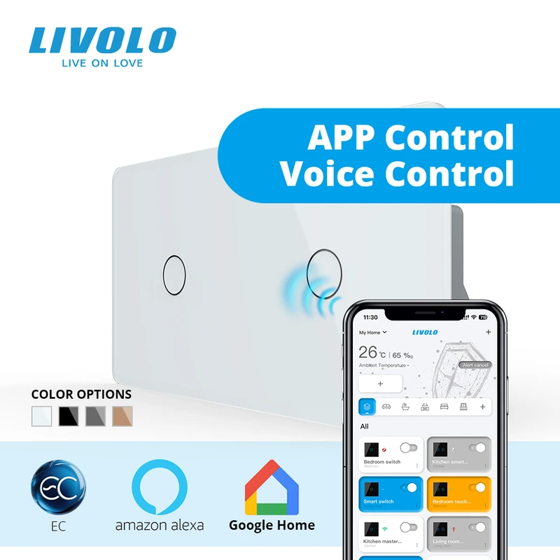 Розумний сенсорний (дотиковий) вимикач LIVOLO 2 клавіші (1-1) білий 2.5D скло Wi-Fi