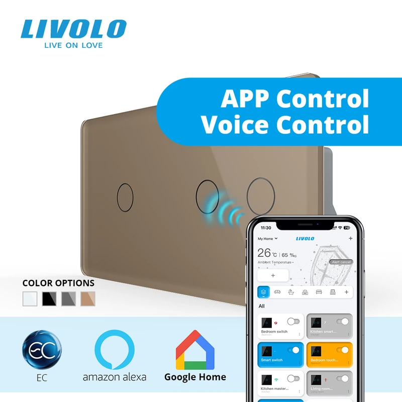 Розумний сенсорний (дотиковий) вимикач LIVOLO 3 клавіші (1-2) золотий 2.5D скло Wi-Fi