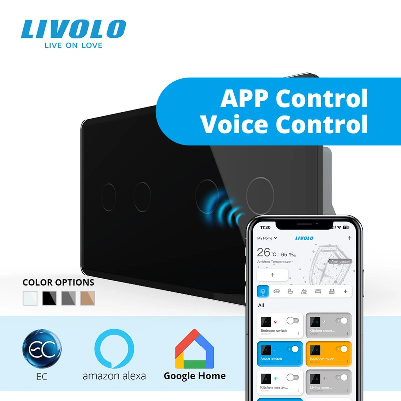 Розумний сенсорний (дотиковий) вимикач LIVOLO 4 клавіші (2-2) чорний 2.5D скло Wi-Fi