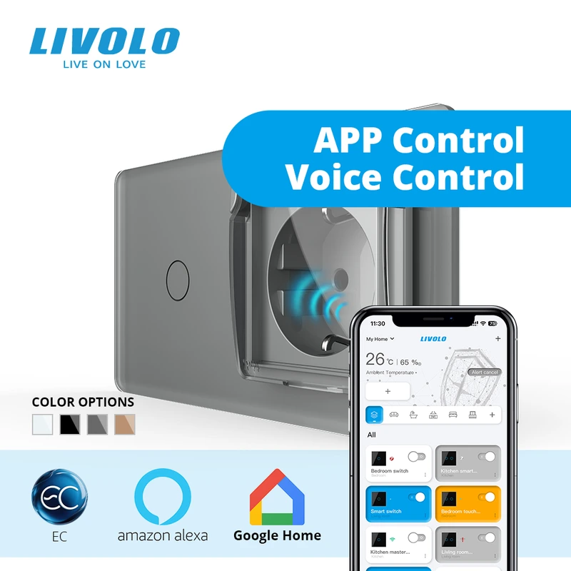 Розумний сенсорний (дотиковий) вимикач LIVOLO з розеткою IP44 кришка сірий 2.5D 16А 230В із заземленням шторки скло