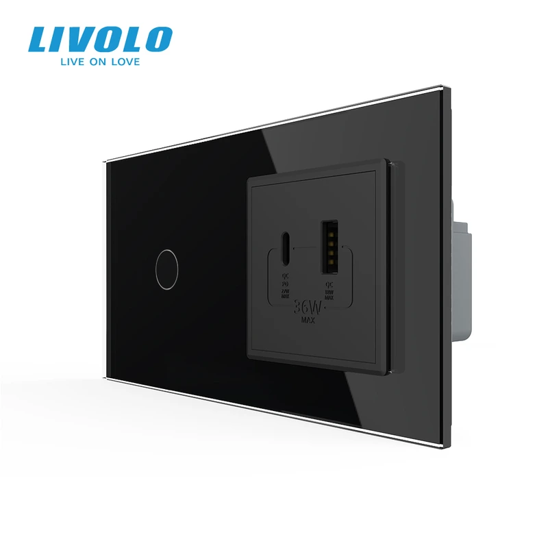 Розумний сенсорний (дотиковий) вимикач LIVOLO з розеткою USB-A + USB-C 36Вт чорний скляна рамка
