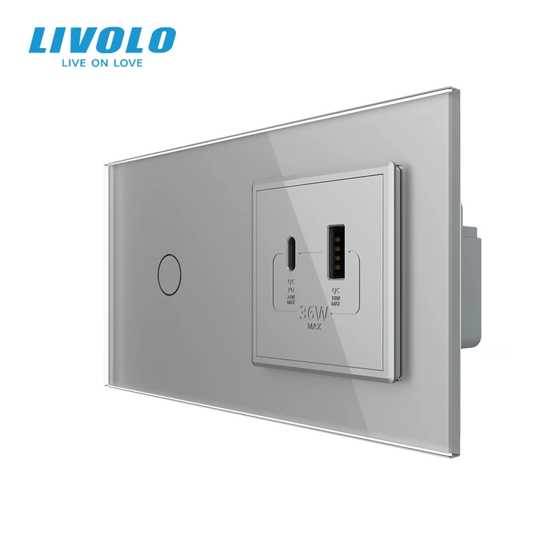 Розумний сенсорний (дотиковий) вимикач LIVOLO з розеткою USB-A + USB-C 36Вт сірий скляна рамка — Livolo