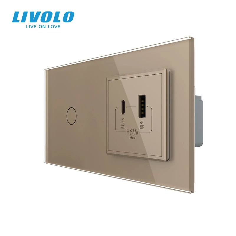 Розумний сенсорний (дотиковий) вимикач LIVOLO з розеткою USB-A + USB-C 36Вт золотий скляна рамка