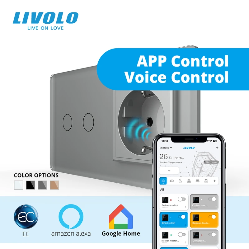 Розумний сенсорний EC вимикач 2 сенсора 1 розетка LIVOLO сірий 2.5D скло