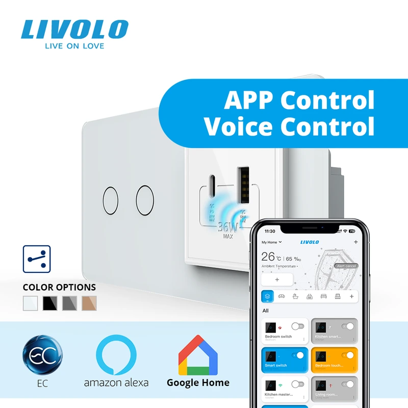 Розумний сенсорний подвійний прохідний вимикач LIVOLO з розеткою USB-A + USB-C 36Вт білий 2.5D скляна рамка