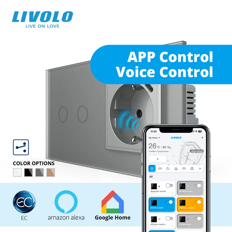 Розумний сенсорний подвійний прохідний вимикач LIVOLO з розеткою та USB Type-C 18Вт, сірий матовый, скло
