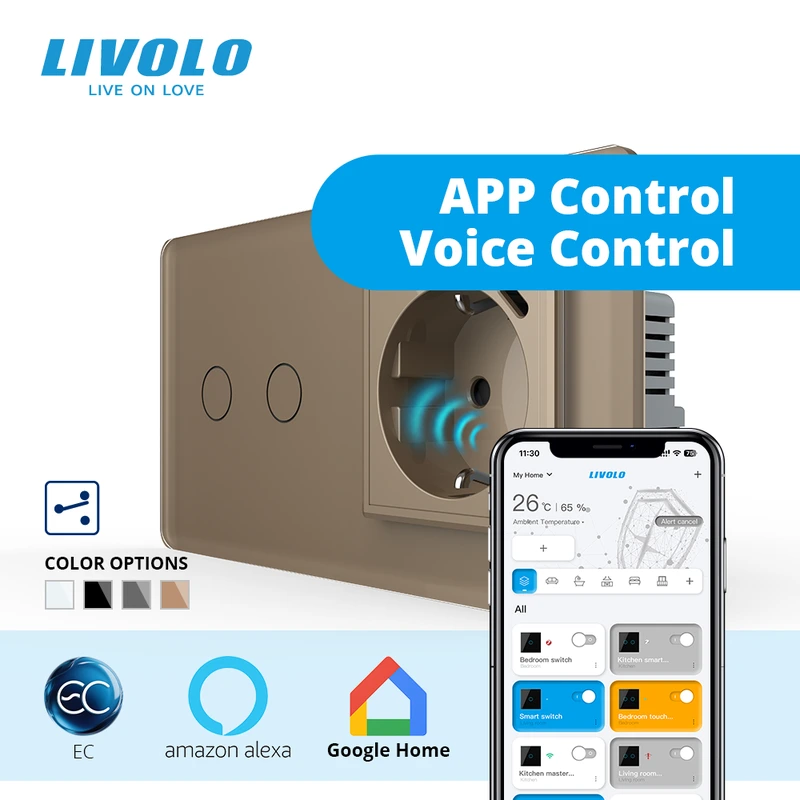 Розумний сенсорний подвійний прохідний вимикач LIVOLO з розеткою та USB Type-C 18Вт, золотий 2.5D, скло