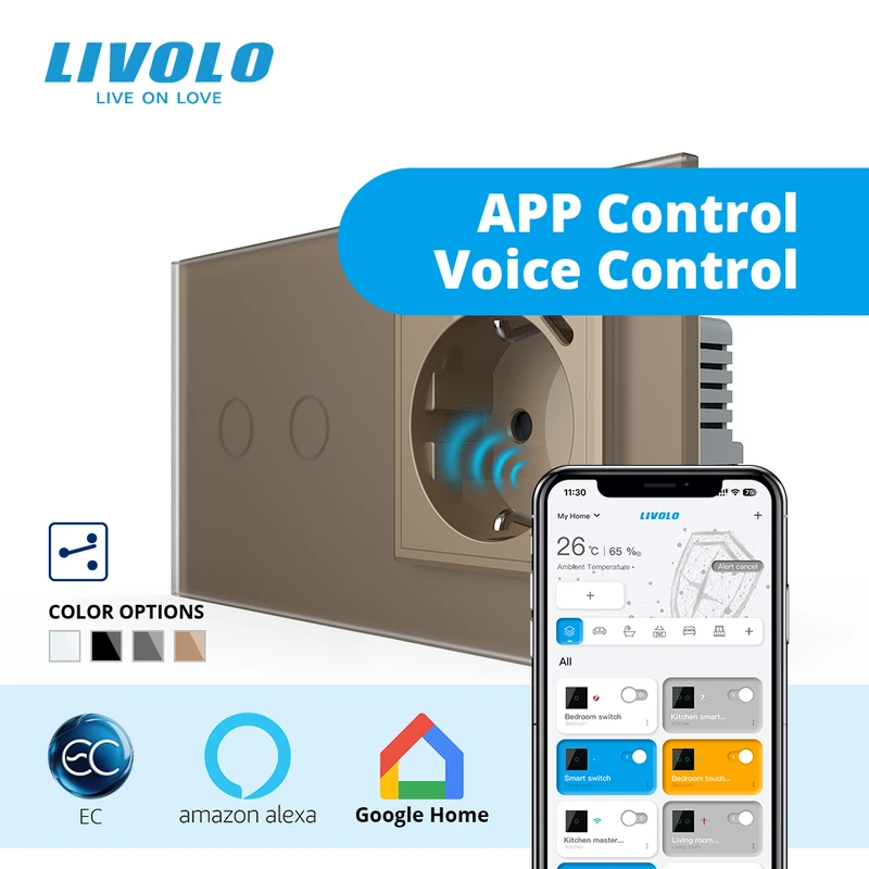 Розумний сенсорний подвійний прохідний вимикач LIVOLO з розеткою та USB Type-C 18Вт, золотий матовый, скло