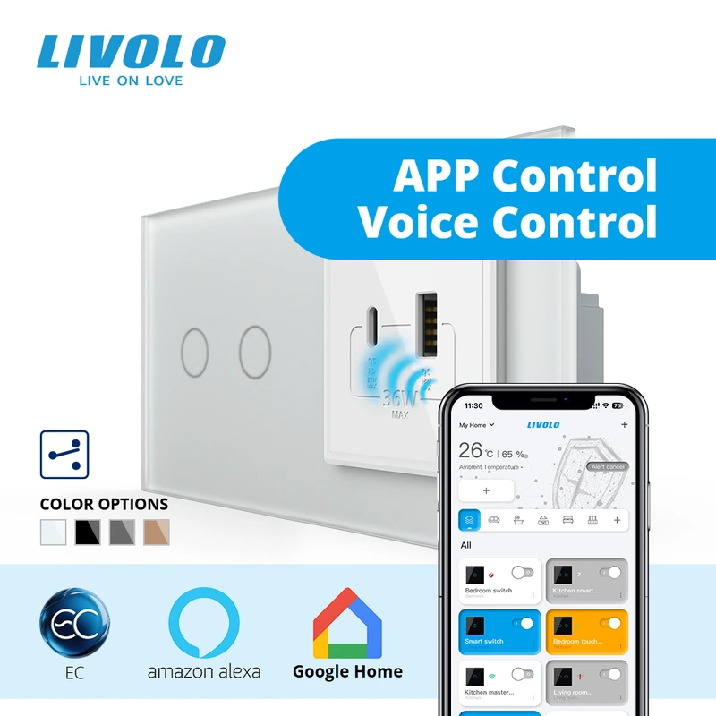 Розумний сенсорний подвійний прохідний вимикач LIVOLO з розеткою USB-A + USB-C 36Вт білий матовый скляна рамка