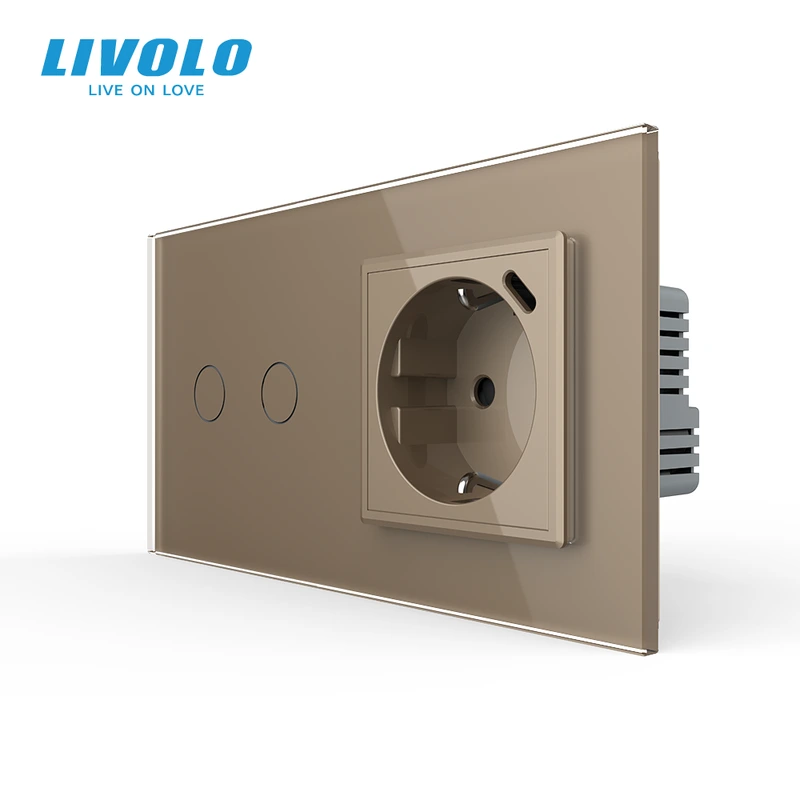 Розумний сенсорний подвійний вимикач LIVOLO з розеткою та USB Type-C 18Вт, золотий, скло, дотиковий,