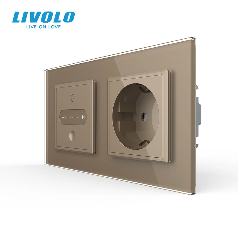 Розумний сенсорний прохідний димер з розеткою LIVOLO 16А 230В із заземленням, шторки, золото, скло