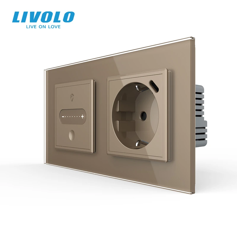 Розумний сенсорний прохідний димер з розеткою USB Type-C 18Вт LIVOLO, із заземленням, шторки, золото, скло