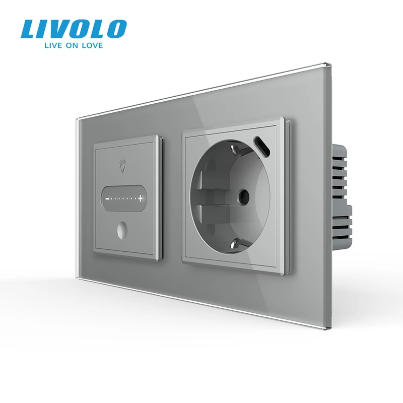 Розумний сенсорний прохідний димер з розеткою USB Type-C 18Вт LIVOLO, із заземленням, шторки, сірий, скло