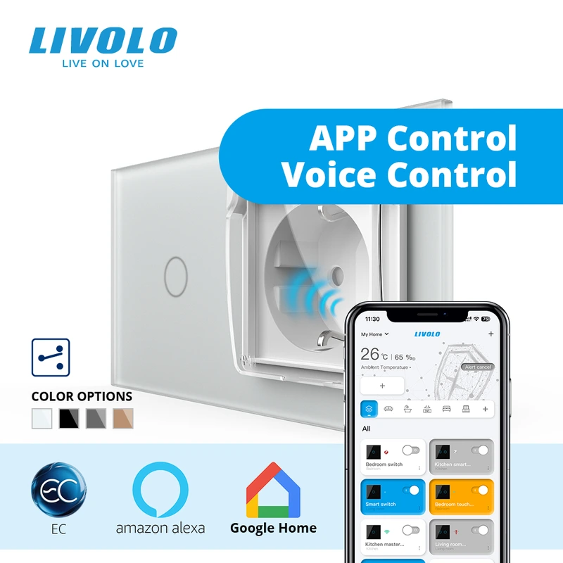 Розумний сенсорний прохідний вимикач LIVOLO з розеткою IP44 кришка білий матовый 16А 230В із заземленням шторки скло