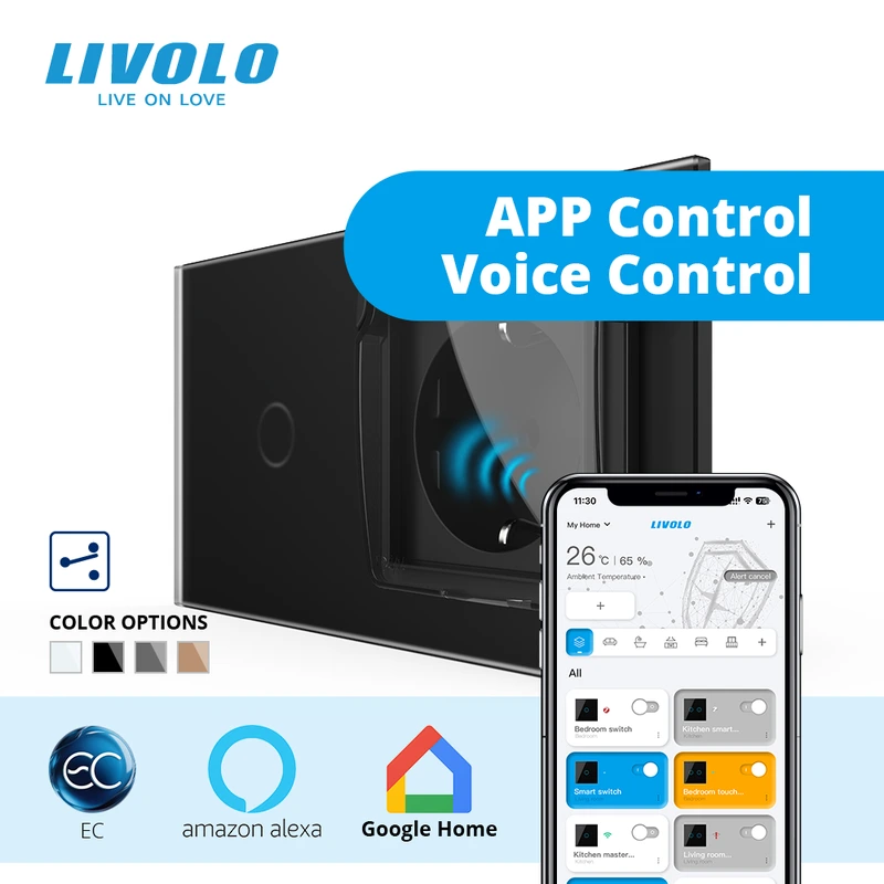 Розумний сенсорний прохідний вимикач LIVOLO з розеткою IP44 кришка чорний матовый 16А 230В із заземленням шторки скло