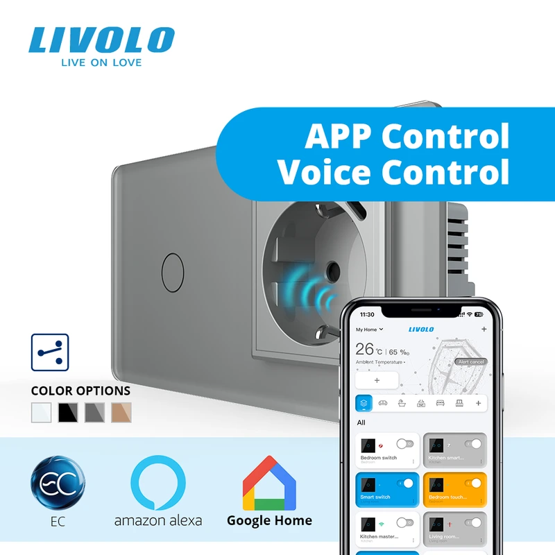 Розумний сенсорний прохідний вимикач LIVOLO з розеткою та USB Type-C 18Вт, сірий 2.5D, скло, дотиковий, заземлення,