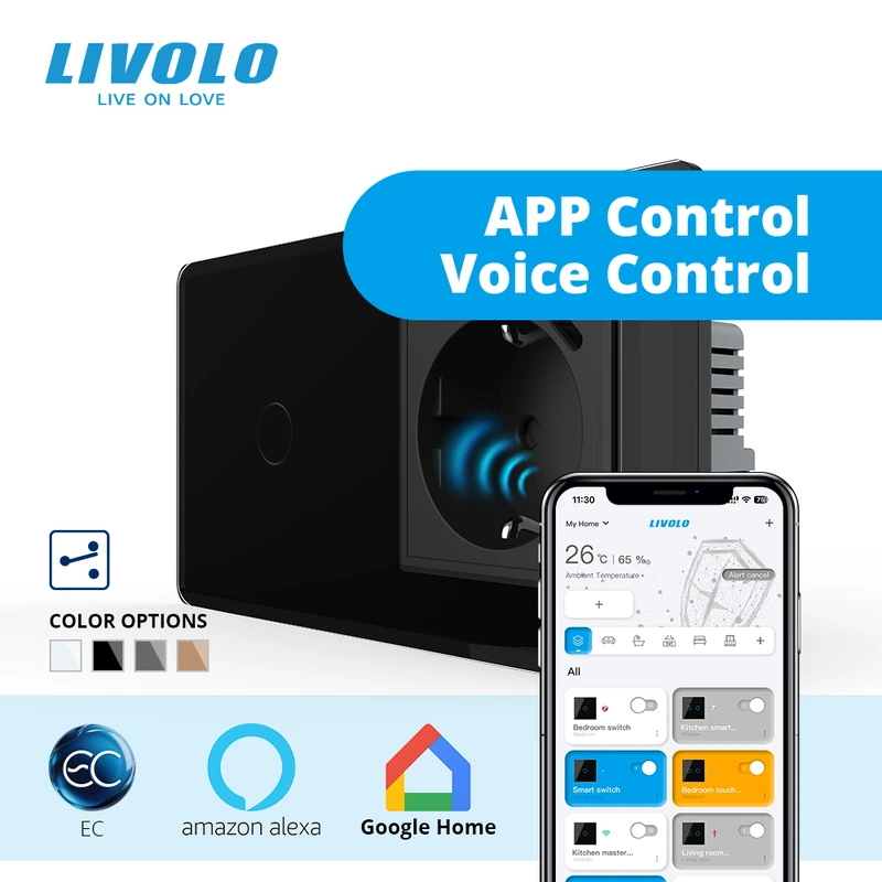 Розумний сенсорний прохідний вимикач LIVOLO з розеткою та USB Type-C 18Вт, чорний 2.5D, скло, дотиковий,