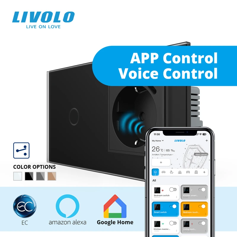 Розумний сенсорний прохідний вимикач LIVOLO з розеткою та USB Type-C 18Вт, чорний матовый, скло, дотиковий,