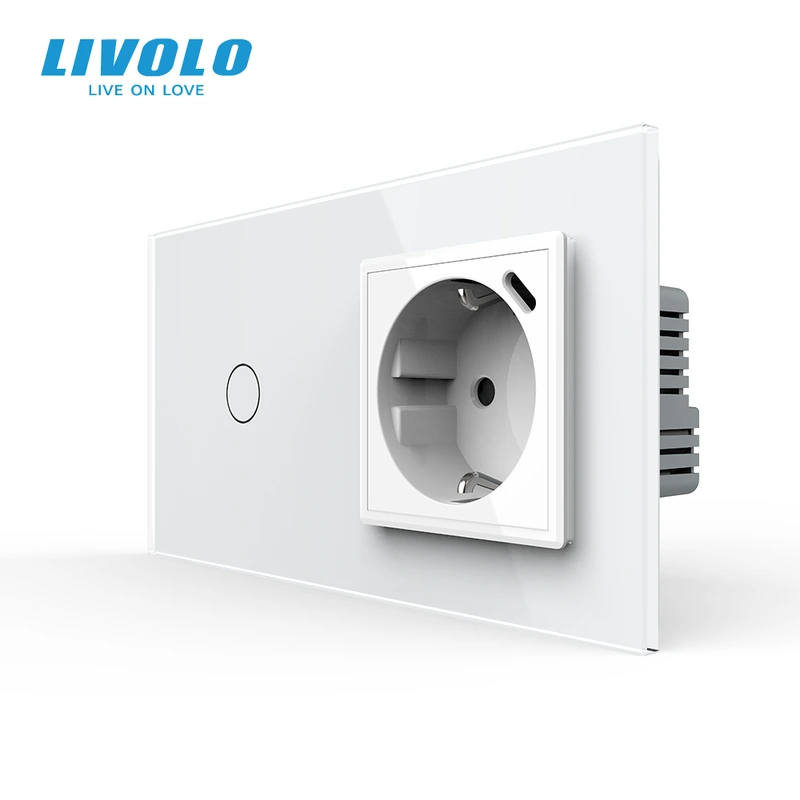 Розумний сенсорний прохідний вимикач LIVOLO з розеткою та USB Type-C 18Вт, білий, скло, дотиковий, заземлення, — Livolo